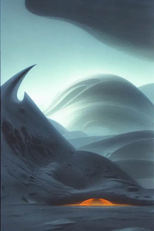 Image similar to otherworldly mountainous alien planet by arthur haas and bruce pennington and john schoenherr with a zaha hadid building, cinematic matte painting, 8 k realistic, stormy weather, dark moody colors