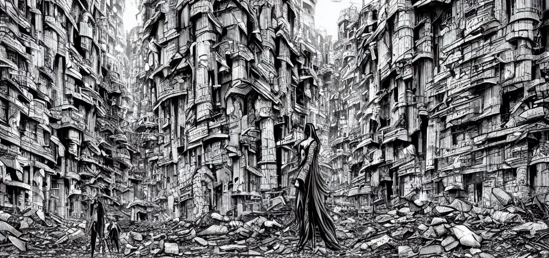 Prompt: abandoned and eroding futuristic city with figures walking around by Junji Ito, scary, horror, eeri, ominous