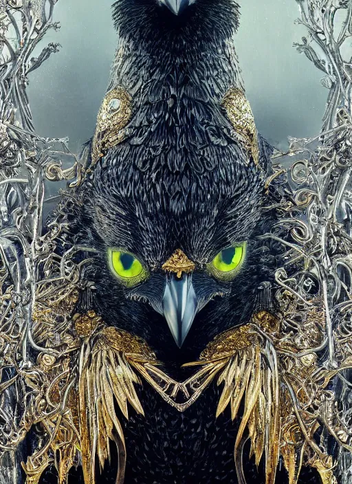 Prompt: best book cover design, glowing silver and golden elements, full close-up portrait of realistic crow with gems, book cover, green forest, white moon, establishing shot, extremly high detail, photo-realistic, cinematic lighting, by Yoshitaka Amano, Ruan Jia, Kentaro Miura, Artgerm, post processed, concept art, artstation, matte painting, style by eddie mendoza, raphael lacoste, alex ross