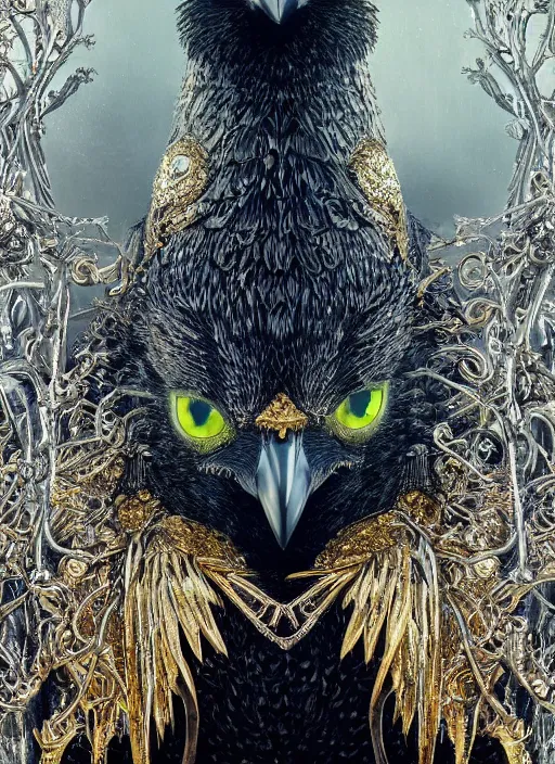 Image similar to best book cover design, glowing silver and golden elements, full close-up portrait of realistic crow with gems, book cover, green forest, white moon, establishing shot, extremly high detail, photo-realistic, cinematic lighting, by Yoshitaka Amano, Ruan Jia, Kentaro Miura, Artgerm, post processed, concept art, artstation, matte painting, style by eddie mendoza, raphael lacoste, alex ross