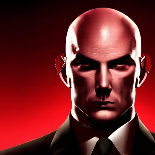 Image similar to a portrait of agent 4 7 from hitman wearing headphones, dark background, red rim light, highly detailed, smooth, sharp focus