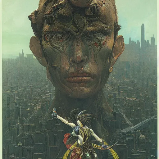 Image similar to portrait of immense, majestic, surreal, terrifying yosh from super smash standing triumphant over the city, perfectly clear face, by j. c. leyendecker, bosch, and beksinski