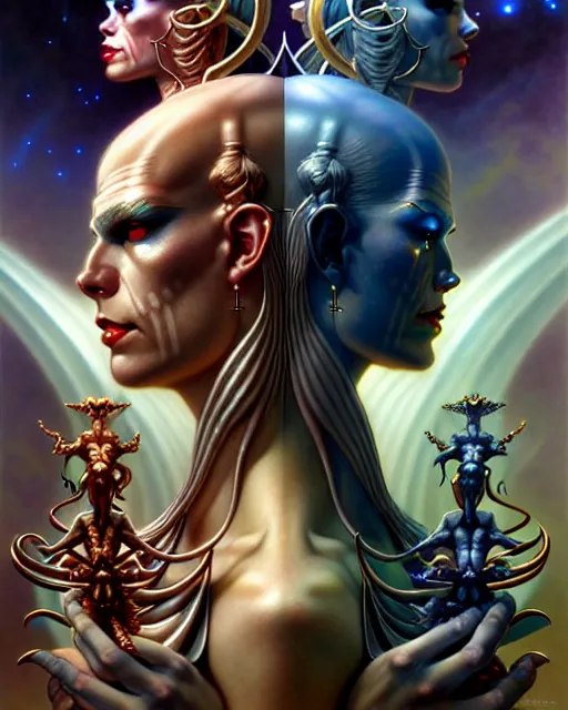 Image similar to beautiful gemini good and evil fantasy character portrait, ultra realistic, wide angle, intricate details, the fifth element artifacts, highly detailed by peter mohrbacher, hajime sorayama, wayne barlowe, boris vallejo, aaron horkey, gaston bussiere, craig mullins