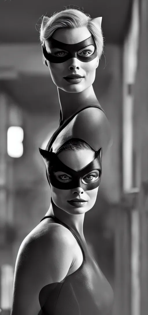 Prompt: Margot Robbie as Catwoman, vertical wallpaper, XF IQ4, 150MP, 50mm, F1.4, ISO 200, 1/160s, natural light