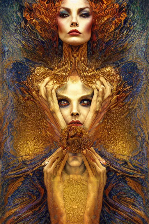 Image similar to Intermittent Chance of Chaos Muse by Karol Bak, Jean Deville, Gustav Klimt, and Vincent Van Gogh, beautiful surreal portrait, enigma, destiny, fate, inspiration, muse, otherworldly, fractal structures, arcane, ornate gilded medieval icon, third eye, spirals