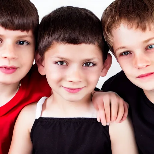 Image similar to one girl and three boys, they are siblings, black background, highly detailed 4 k photography