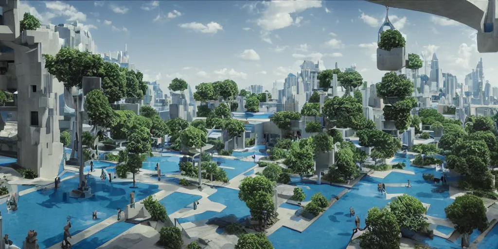 Image similar to geometric hanging garden based on the design of versailles in a megacity made of travertine brutalist temples, group of monks in blue robes wandering in the garden, large aluminum space elevators in the distance, sci-fi, blue sky with clouds, optimistic matte painting, concept art, style by syd mead, 8k, octane render