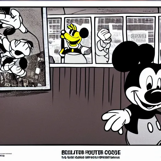 Image similar to highly detailed shot of better call saul cross over with mickey mouse house season finale with walter white appearing in the background