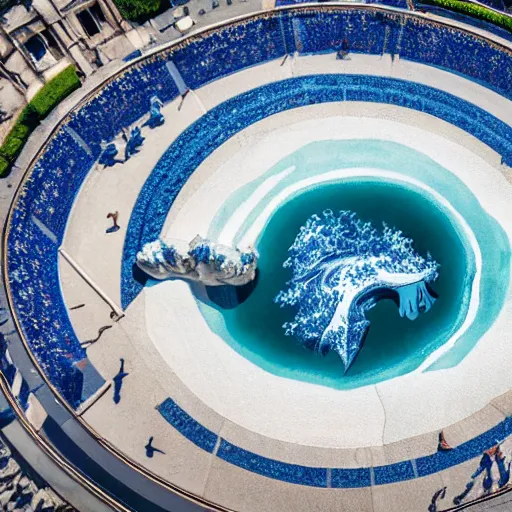 Prompt: A white and blue marble sculpture of The Great Wave off Kanagawa in the middle of an Italian piazza, midday, 4k photograph, sunny day, long shot, overhead view, far away