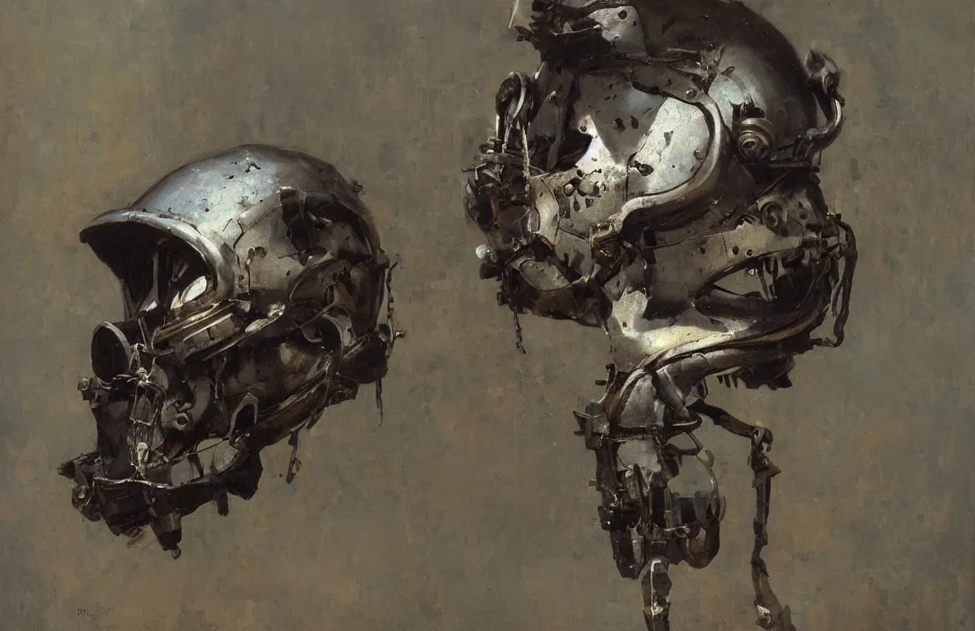 Image similar to portrait of deep sea diver helmet, detailed skull face, detailed painting, epic lighting, by ilya repin, phil hale and kent williams