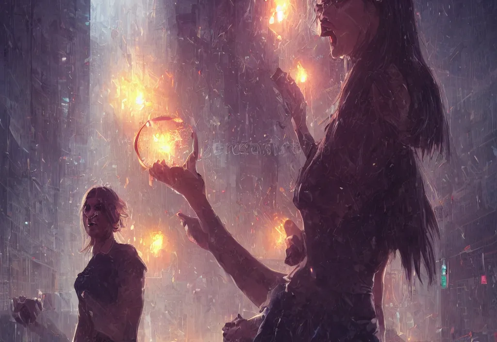 Image similar to angry woman holding placard, detailed digital illustration by greg rutkowski, android netrunner