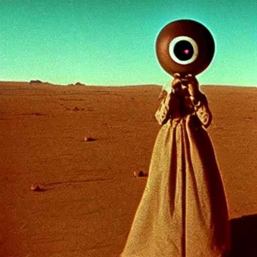 Image similar to woman with an inflatable head and giant eyeballs, in the desert 1972 Jodorowsky film, archival footage, technicolor film expired film live-action, 16mm