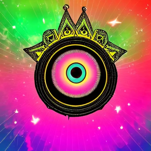 Image similar to a glowing crown sitting on a table with one large beautiful eye on top of it like a jewel, stars on top of the crown, night time, vast cosmos, geometric light rays exploding outwards into stars, sharp bold black lines, flat colors, minimal psychedelic digital concept art illustration