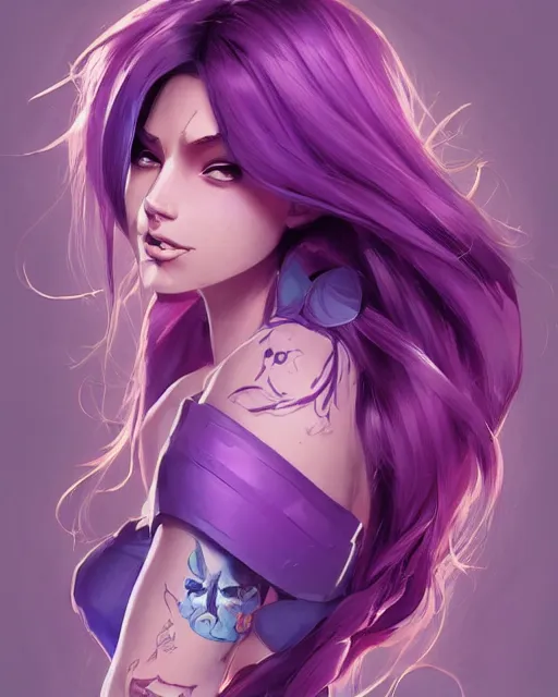 Prompt: beautiful female purple hair tattoo symmetrical face eyes full length fantasy art icon, 2d art cover , official fanart behance hd artstation by Jesper Ejsing, by RHADS, Makoto Shinkai and Lois van baarle, ilya kuvshinov, rossdraws