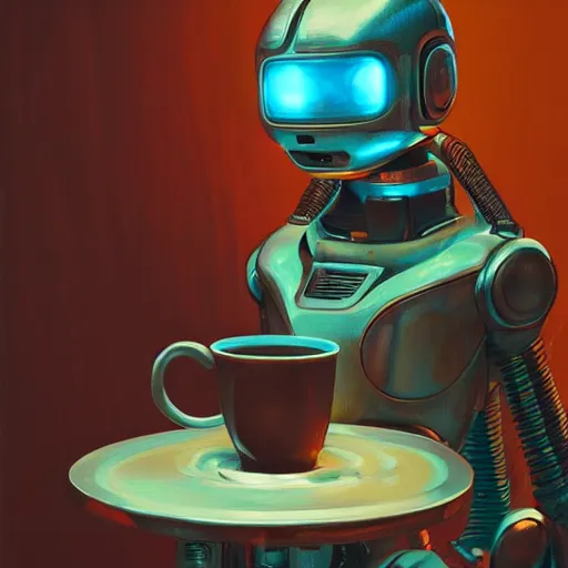 Prompt: soulful oil painting highly detailed futuristic robot serving a cup of coffee, by simon stalenhaag, by laurie greasley, high depth of field, fresh colors, coffee beans, coffee, steam, hyperdetailed, hyperrealistic, moody light, 3 d octane render, 4 k, volumetric lights, smooth, cosy atmosphere, artstation!