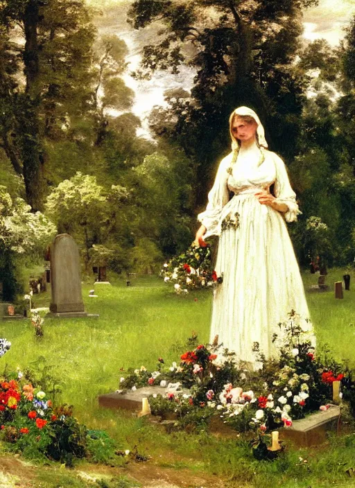 Image similar to artwork painting of a lush environment, a woman is laying flowers by a grave tombstone by eugene von guerard, ivan shishkin, john singer sargent