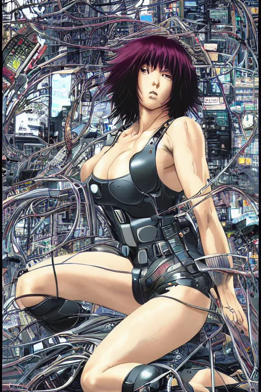 Image similar to hyper coherent motoko kusanagi kneeling on a white in style of masamune shirow, empty floor, with a mess of wires and cables coming out of her head and backside, by Yukito Kishiro and katsuhiro otomo, illustration, cyberpunk, hyper-detailed, colorful, complex, intricate, masterpiece, epic