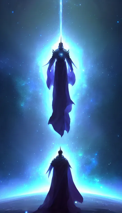 Image similar to celestial god with a cape, epic scene, holy, full body, galaxy, and, stars, atmosphere, unreal engine, pixar, video game, ethereal, insanely, detailed, volumetric, symmetrical, concept art, charlie bowater, tsutomu nihei, unreal engine, artstation, cinematic, video game, digital painting, artist maena