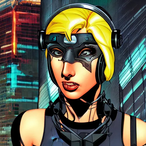 Prompt: A comic book cover of a female cyberpunk mercenary wearing cybernetic sci fi head gear and earpiece in the style of DC Comics, highly detailed, oil on canvas