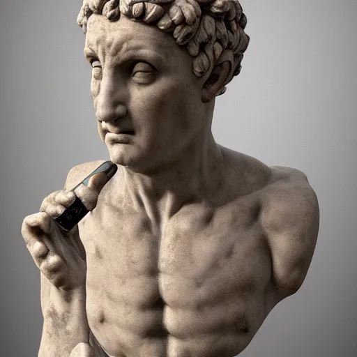 Prompt: An ancient roman sculpure of a man holding a phone, realistic, ultra high detail, 8k.