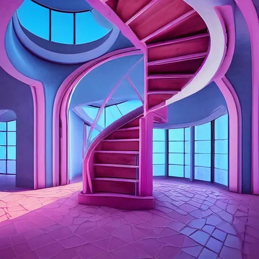 Prompt: a pink and blue interior with a spiral staircase, a raytraced image by Ricardo Bofill, featured on tumblr, retrofuturism, vaporwave, rendered in unreal engine, y2k aesthetic