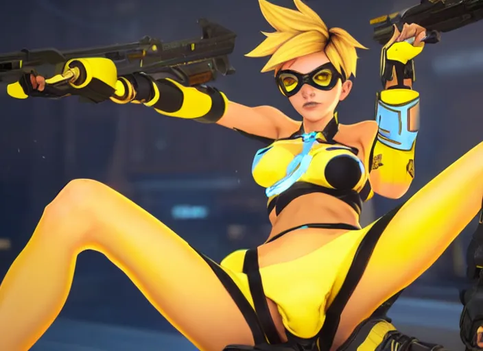 prompthunt: tracer game character, in yellow bikini thong yellow