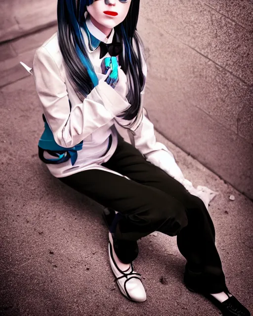 Prompt: official cosplay photo of mature attractive Hatsune miku smoking cigarette tired and angry by Alex Ross giger sorayama frank miller trending on Flickr cinematic backlit smoke noir technoir shot with Leica zeiss