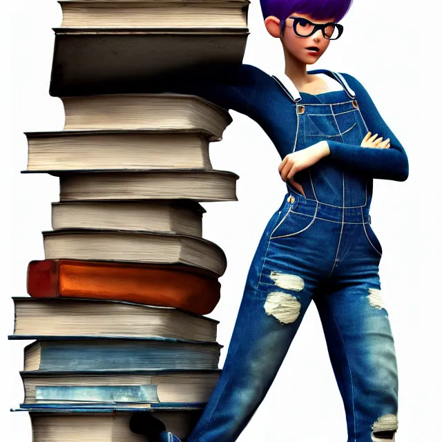 Image similar to full body pose, beautiful adult book fairy, pixar, short white hair shaved sides, dirty, grungy, grunge, long sleeve, painted overalls, stacks of giant books, highly detailed, 4 k, hdr, smooth, sharp focus, high resolution, award - winning photo, artgerm, photorealistic