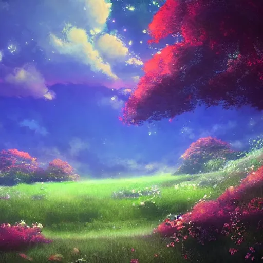 Prompt: a heavenly dream view from the interior of my cozy dream world filled with color from a Makoto Shinkai oil on canvas inspired pixiv dreamy scenery art majestic fantasy scenery fantasy pixiv scenery art inspired by magical fantasy exterior illumination of awe and wonder