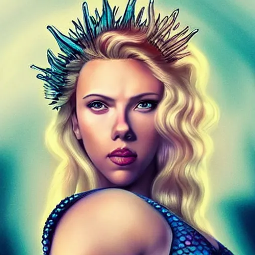 Image similar to “Scarlett Johansson portrait, fantasy, mermaid, cartoon, pearls, glowing hair, shells, gills, crown, water, highlights, starfish”