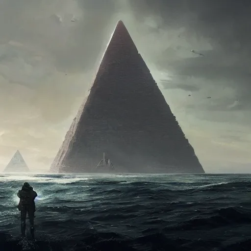 Image similar to star wars concept art by greg rutkowski, a palatial and imposing tall god humanoid back view of pyramid tech tower emerging from the sea in the middle of a ocean landscape, enigmatic atmosphere, beautiful and cinematic lighting, artstation hq.