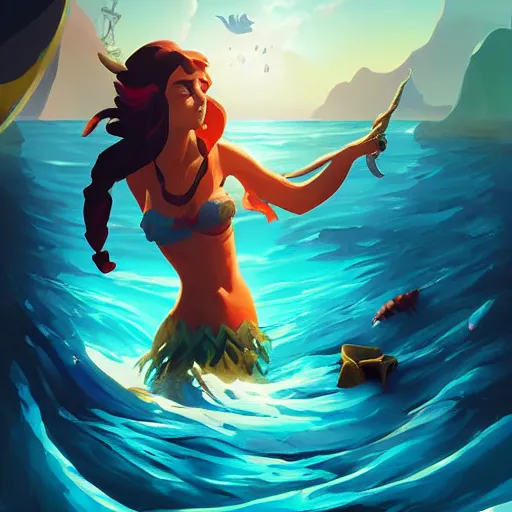 Image similar to painting mermaid treasure on sea of thieves game avatar hero smooth face median photoshop filter cutout vector, behance hd by jesper ejsing, by rhads, makoto shinkai and lois van baarle, ilya kuvshinov, rossdraws global illumination