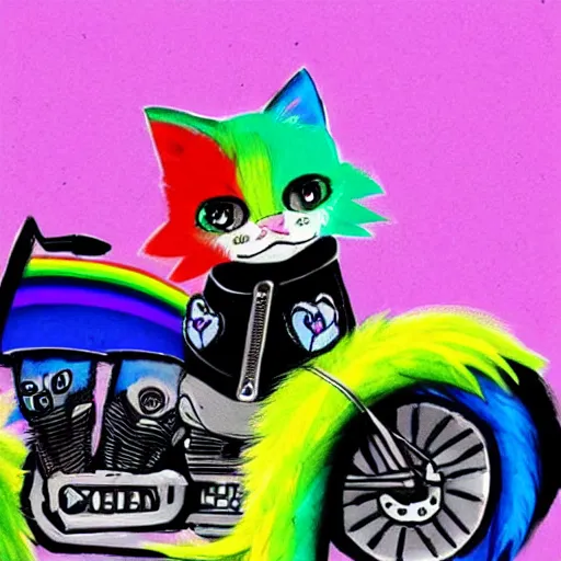 Image similar to wide angle full body, jacket wearing fluffy cute rainbow kitten wearing a black leather motorcycle jacket, riding on a motorcycle, cinematic concept art