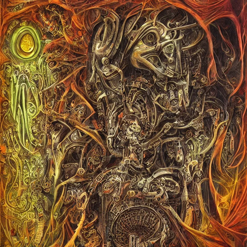 Image similar to biomechanical kali yantra, volumetric shadows and lighting, psychedelic colors, realistic oil painting by h. r. giger,