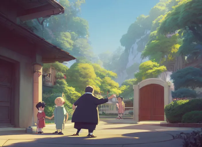 Image similar to mr winston welcoming his new guests, medium shot, studio ghibli, pixar and disney animation, sharp, rendered in unreal engine 5, anime key art by greg rutkowski, bloom, dramatic lighting