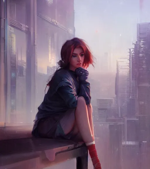 Prompt: girl sitting on a rooftop, cyberpunk, medium shot, realistic detailed face, by charlie bowater, by wlop, by jeremy lipking, expressive oil painting, portrait, digital art