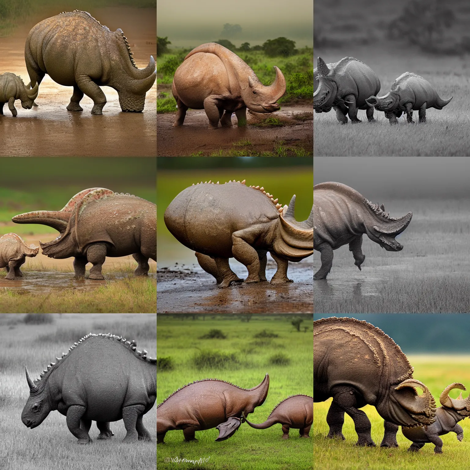 Prompt: nature photography of a wet triceratops mother and baby triceratops, african savannah, rainfall and mud, digital photograph, award winning, 5 0 mm, telephoto lens, national geographic