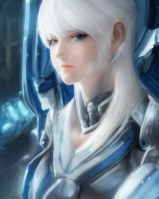 Image similar to perfect white haired girl, warframe armor, beautiful, dreamy, pretty face, blue eyes, portrait, detailed, scifi, utopian architecture in the background, laboratory, 4 k, ultra realistic, aura of light, cinematic, high detail, masterpiece, art by akihito tsukushi, akasuki brightmind