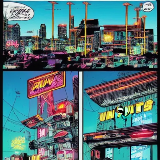 Prompt: a 2000ad comic book style image of a futuristic run down city with neon signs