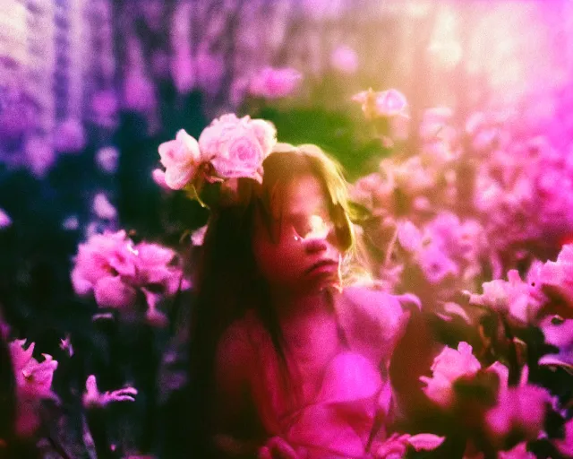 Prompt: oversaturated, burned, light leak, expired film, photo of a girl crying crowded by busy flowers