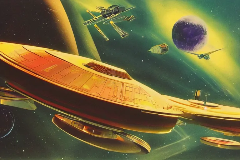 Prompt: elegant spaceship cruising between planets, fluid, smooth, bright saturated colours, high contrast, sharpness, very detailed, intricate, by angus mckie, colin hay, stewart cowley, john berkey