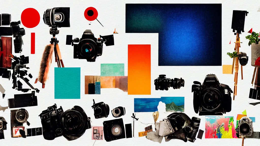 Prompt: an arrangement of dslr photographer traveller props, japan, a collage painting, in the style of wes anderson, lola dupre, david hockney, isolated on negative white space background dark monochrome neon spraypaint accents volumetric octane render