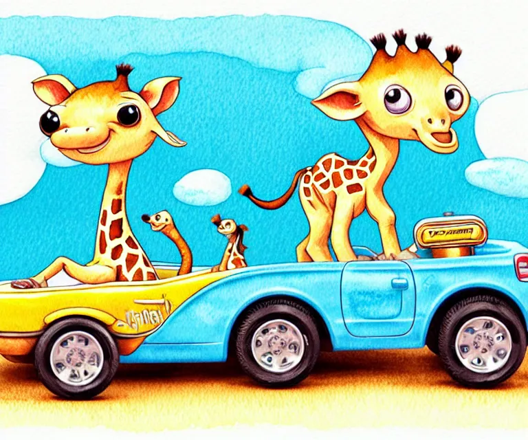 Prompt: cute and funny, baby giraffe riding in a tiny hot rod with oversized engine, ratfink style by ed roth, centered award winning watercolor pen illustration, isometric illustration by chihiro iwasaki, edited by range murata, tiny details by artgerm and watercolor girl, symmetrically isometrically centered