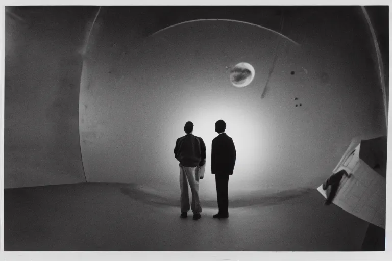 Image similar to a young man stands in the planetarium, planets and stars at background, low low exposure, decisive moment, anri cartier bresson