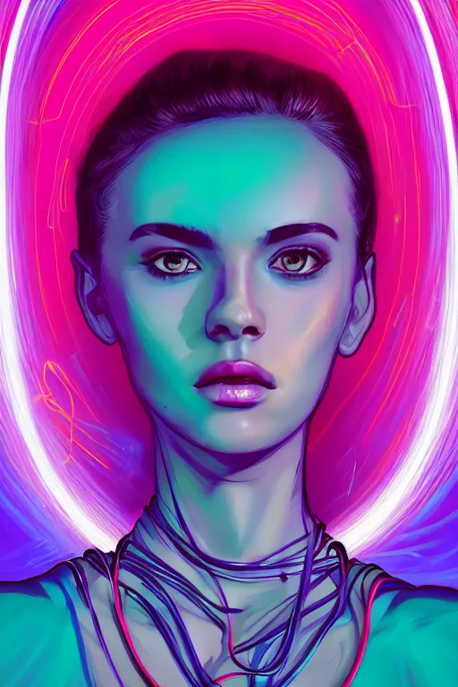 Image similar to a award winning half body portrait of a beautiful woman with stunning eyes in a croptop and cargo pants with ombre purple pink teal hairstyle by thomas danthony, surrounded by whirling illuminated lines, outrun, vaporware, shaded flat illustration, digital art, trending on artstation, highly detailed, fine detail, intricate