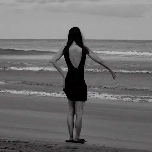 Prompt: Woman standing by the sea in a black dress with a bare back, black and white photo, hyper realism 10k Andrew White Style