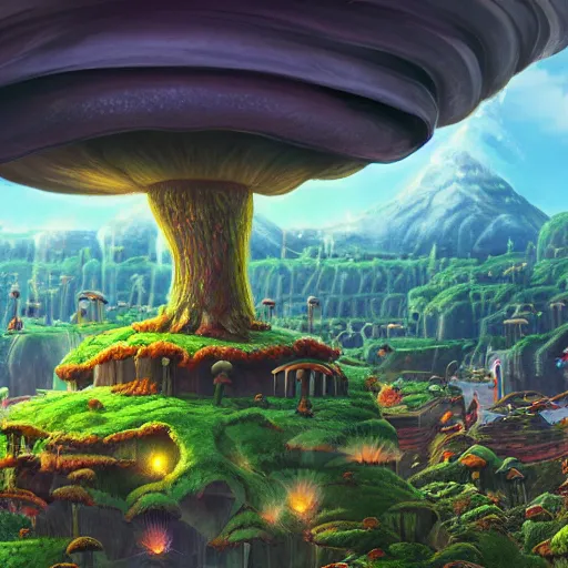 Prompt: beautiful matte art of the mushroom kingdom in the style of futuristic, photo realistic, 8 k uhd, high resolution, concept art detailed realistic, highly detailed, lighting, hyperrealistic, unreal engine