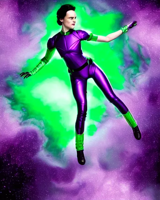 Image similar to photos of beautiful purple skinned actress Daisy Ridley as the Green Lantern soranik natu as she soars thru outer space, purple skin, purple skin colored Daisy Ridley, photogenic, purple skin, short black pixie like hair, particle effects, photography, studio lighting, photographed in the style of Annie Leibovitz