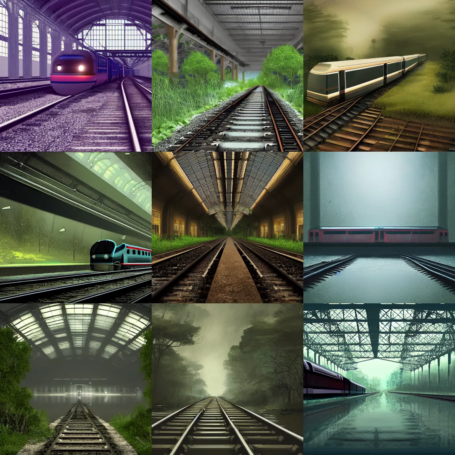 Prompt: a train, alone, in an empty dark flooded train station, overgrown with aquatic plants, digital art, artstation