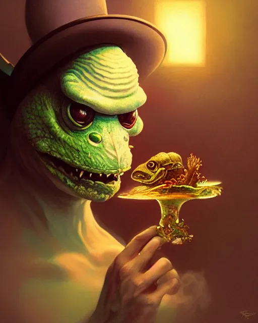 Image similar to close portrait with the creature, a toad with a top hat, smoking weed, vaporwave, bedroom, highly detailed, digital painting, artstation, concept art, smooth, sharp focus, illustration, art by artgerm and greg rutkowski and alphonse mucha